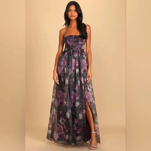 Lulus Wonderful Waltz Purple Floral Print Strapless Bustier Maxi Dress Party - Picture 2 of 12